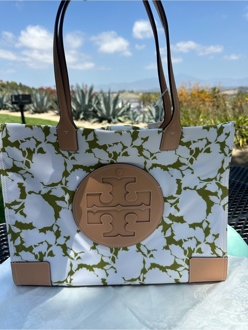 Tory Burch White Tote with Olive Green Print and Tan Trim